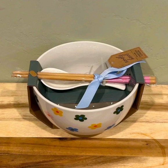 Sunday Morning Ceramics Floral Noodle Bowl with Spoon & Chopsticks. NWTS! - Picture 2 of 11
